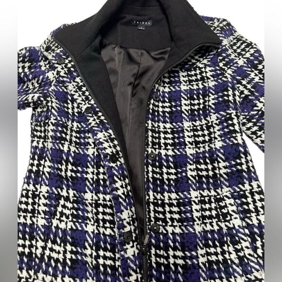 Tribal Wool Blend Coat Purple White Plaid Houndstooth Patterned Winter Jacket - Picture 4 of 10